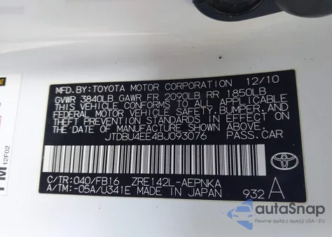 2011 Toyota Corolla Le z USA, uszkodzony, nr VIN JTDBU4EE4BJ093076